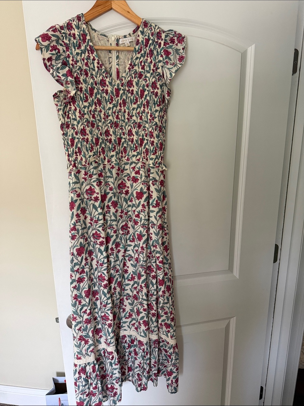 Smocked Floral Maxi Dress in Pink and Green